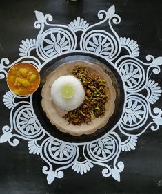 an overhead view of a plate with food on it and a bowl next to it