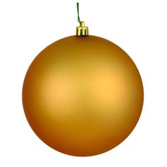 a golden christmas ball ornament hanging from a green twig on a white background