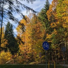 a blue sign sitting on the side of a road in front of trees with yellow leaves