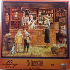 a painting of two children standing in front of a store with an older man behind the counter