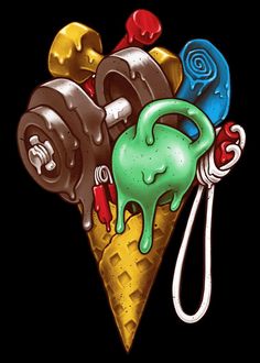 an ice cream cone filled with different types of chocolate and candy on top of it