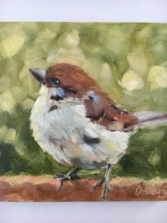 a painting of a bird sitting on a branch