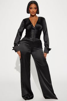 Available In Fuchsia And Black. Satin Jumpsuit V Neck Long Sleeve Ruched Detail Pocket Wide Leg Non Stretch Inseam=34" 97% Polyester 3% Spandex Imported | What You Don't See Satin Jumpsuit in Black size XL by Fashion Nova Black Satin Jumpsuit, Jumpsuit V Neck, Satin Jumpsuit, Black Jumpsuit, Black Satin, Jumpsuits For Women, Black Fashion, Fashion Nova, Jumpsuit Romper