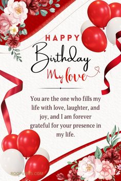 a happy birthday card with balloons and flowers on the front, in red and white