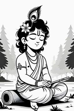 a black and white drawing of a person sitting on the ground in front of some trees