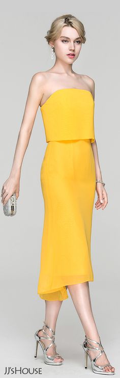 Tube or column silhouette. #JJsHouse #Cocktail Cocktail Dress Yellow, Chiffon Cocktail Dress, Best Dress, Winter Dress Outfits, Formal Dresses Short, Column Dress, Yellow Wedding, Cocktail Evening Dresses