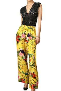 Kyle-Printed-High-Waist-Silk-Pants Silky Pants, Womens Pants Design, Track Pants Women, Floral Print Pants, Pants Design, Mellow Yellow, Bird Prints, Drawstring Waist, Straight Leg Pants