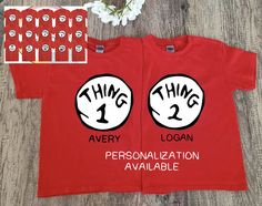 THING 1 THING 2, Dr. Seuss inspired Shirts. This listing is for one (1) shirt. When ordering please select the size and Design in the drop-down menus and the same with the second shirt. For personalization please add name in personalization box. Other t-shirt colors and sizes available upon request. The shirt is 100% Cotton, pre-washed. Design made with HT Vinyl (not printed or embossed) Sometimes they tend to run small, I recommend letting the child grow into them and order a size bigger. !! I Mother Board, Vinyl Gifts, Craft Corner, Kids Graphic Tees, Pompano Beach, Red Shirt, Graphic Shirt, Dr Seuss, Design Color