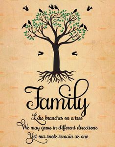 a family tree with birds flying around it and the words, like branches on a tree