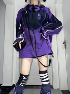 This price is for a jacket only. Collar:Banded CollarDress / Top Details:Colorblock Design / Zip ClosureMaterial:NylonSleeves:Buckle CuffsSizeSLBust134140Full Length6974Sleeve Length5355Shoulders6971 Casual Cosplay Outfits, Purple Clothes Aesthetic, Purple Cyberpunk, One Set Outfit, Alt Style Outfit, Cyberpunk Jacket, Japanese Y2k, Techwear Fashion, Cyberpunk Clothes