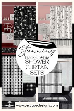 black and white shower curtain sets with text overlay that reads, stunning black and white shower curtain sets