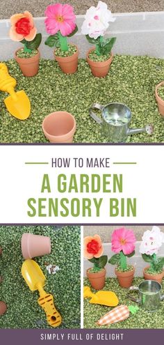 Flower Garden Sensory bin Easy Sensory Bin, Vegetable And Flower Garden, Garden Sensory Bin, Spring Sensory Bin, Garden Sensory, Kids Water Table, Spring Sensory, Water Table Activities