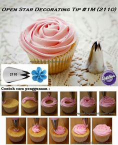 there are pictures of cupcakes with pink icing on them and the instructions below