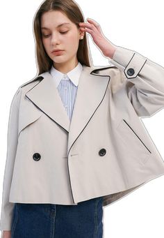 Gray Spring Outerwear For Office, Chic Gray Outerwear For Spring, Gray Lapel Collar Outerwear For Spring, Short Trench Coat, Trench Coat, Collage, Collar, Pins