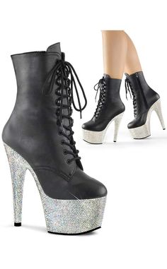 BEJEWELED-1020-7 Black Matte/Silver Rhinestone Boots-Pleaser-Tragic Beautiful Cute Black Boots, High Heel Platform Boots, 7 Inch Heels, Alternative Shoes, Peep Toe Ankle Boots, Pleaser Heels, High Heel Stiefel, Festival Shoes