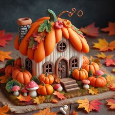 a small house made out of pumpkins and leaves