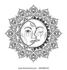 the sun and moon with faces in ornate pattern on white background, hand drawn doodle style