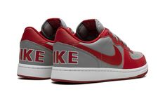 The Nike Terminator Low "UNLV" is a colorway of the retro basketball shoe that draws inspiration from the Nike Dunk’s “Be True to Your School” pack.  Like the Dunk, the Terminator was also released in the mid-1980s as a performance basketball shoe and is now a casual lifestyle option.  On the “UNLV” colorway, the shoe nods to the “UNLV” Dunk from the college of college basketball inspired colorways from 1985.  It features a Medium Grey and Varsity Red leather color scheme, with an oversized red Nike Terminator, School Pack, The Terminator, Retro Basketball Shoes, Retro Basketball, Casual Lifestyle, Stadium Goods, College Basketball, Terminator