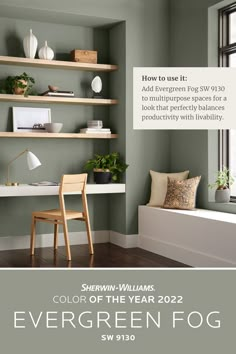 a room with green walls and shelves filled with plants, books, and other items