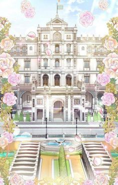 an ornate building with pink flowers in the foreground