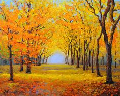 an oil painting of trees with yellow leaves