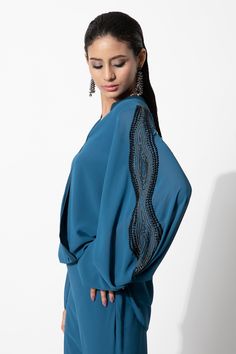 Buy Blue Viscose Georgette Embroidered V Neck Overlap Panelled Top For Women by Rohit Gandhi + Rahul Khanna Online at Aza Fashions. Rahul Khanna, Flared Top, Embroidery Detailing, Embroidered Neckline, Pakistani Dress Design, Fashion App, Top For Women, Pakistani Dresses, Aza Fashion