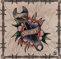 an old school tattoo design with a wrench on it's side and the words forever