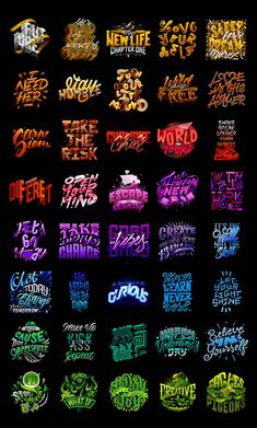 some type of graffiti written in different colors and styles on a black background with the words,