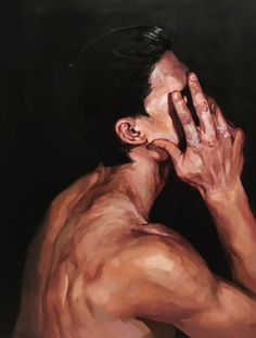 a painting of a man holding his hand up to his face