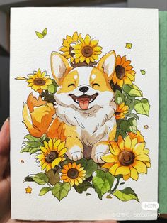 a person holding up a card with a dog and sunflowers on it