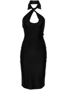 black stretch-design satin weave halterneck classic collar sleeveless open back straight hem mid-length unlined Luxury Sleek Fitted Halter Dress, Luxury Fitted Halter Neck Slip Dress, Elegant Black Halter Neck Slip Dress, Sleek Black Halter Neck Bodycon Dress, Luxury Black Stretch Halter Top, Satin Midi Dress, Black Stretch, Black Midi Dress, Top Brands