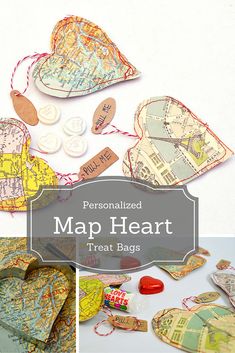 a collage of personalized map heart treat bags with text overlay that reads personalized map heart treat bags