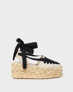 Loeffler Randall | Mason Natural/Black Platform Espadrille l Espadrilles l Footwear Platform Espadrilles, Loeffler Randall, Espadrille Sandals, Black Platform, Letter Charms, Black Ribbon, Seasonal Fashion, Turks And Caicos Islands, Charm Necklace