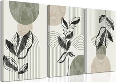 three canvases with black and white designs on the sides, one has leaves in it