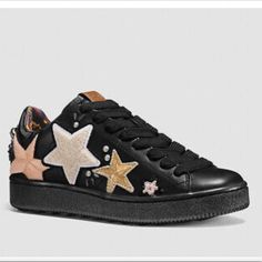 Coach Size 7 Black Patches Stars Lace Up Leather Brand New Never Used Leather Low-top Sneakers With Star Patch, Casual Leather Sneakers With Star Patch, Coach Black Round Toe Sneakers, Coach Black Leather Sneakers, Black Leather Coach Sneakers, Casual Black Sneakers With Star Print, Black Patch, Lace Up Sneakers, Coach Shoes