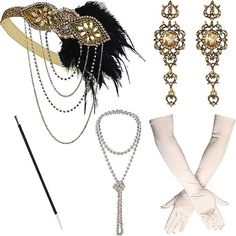 Season:All Seasons; What's in the box:Gloves,Headband,Necklace,Earrings; Types:Outfits; Holiday:Halloween; Style:1920s,The Great Gatsby; Occasion:Halloween; Material:Feather; Listing Date:10/10/2023 Great Gatsby Accessories, Gloves Elegant, Gatsby Accessories, 1920s Great Gatsby, 1920s Accessories, Flapper Accessories, Flapper Headpiece, Gatsby Costume, Headband Pearl