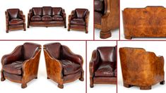 four different views of the same leather couch and chair, all in various stages of being upholstered