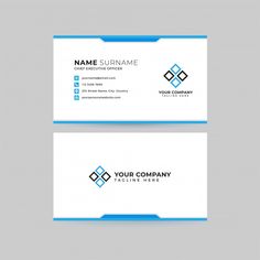 two business cards with blue and white squares