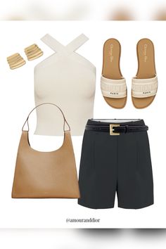 Elevated shorts outfit 🤎 Mid thigh shorts, raffia clutch, slides, gold earrings, summer outfit, halter top, tortoise shell sunglasses In The City Outfit, Raffia Clutch, City Outfit, Summer In The City, Crossover Top, Mid Thigh Shorts, Sophisticated Outfits, Earrings Summer, City Outfits