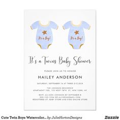 two baby onesuits in pink and blue with gold stars on the chest, it's a twins baby shower