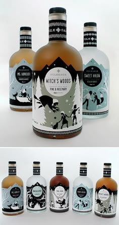 three bottles of witch's woods gin