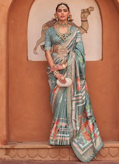 Teal Blue Multi Fancy Floral Silk Saree Floral Silk Saree, Grey Saree, Teal And Grey, Complete Outfits, Viscose Fabric, Beautiful Saree, Blouse Fabric, Saree Wedding, Festival Wear