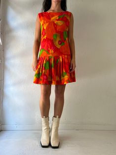 "- Vintage Alice Fashions neon floral print mini dress - Pleated drop waist skirt - Feels like cotton - Zipper up the back - Medium  Bust: 18\" Waist: 16\" Length: 33\"" Drop Waist Skirt, Drop Waist Dress, Dress Pleated, 80s Dress, Dropwaist Dress, Dress Medium, Style Expert, Printed Mini Dress, Waist Dress