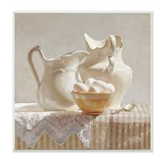 a painting of two white pitchers and a bowl on a table with a lace doily