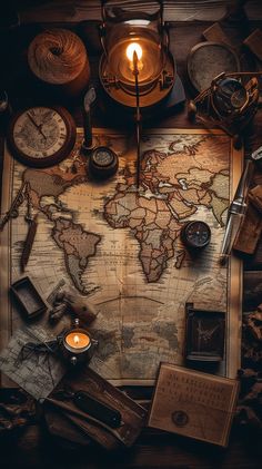 an old world map with candles and other items around it on a wooden table top