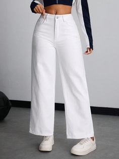 Calças Denim Femininas Largas de Perna Folgada com Bolsos, Versáteis e Casuais Branco Casual   Jeans Simples Perna reta Não elástico  Women Clothing, size features are:Bust: ,Length: ,Sleeve Length: White Straight Jeans Outfit, Punk Woman, Jeans Casual, Women Denim Jeans, Petite Women, Inspiration Mode, Casual Denim