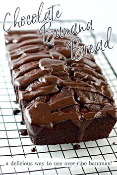 chocolate banana bread on a cooling rack with text overlay that reads, chocolate banana bread