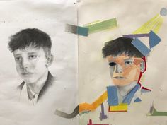 two drawings of men with different colored lines on them, one has a man's face