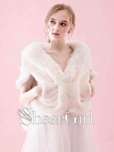 a woman in a white dress and fur stoler standing against a pink background with the words sheer girl on it