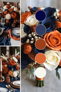 an image of a wedding table setting with blue and orange flowers